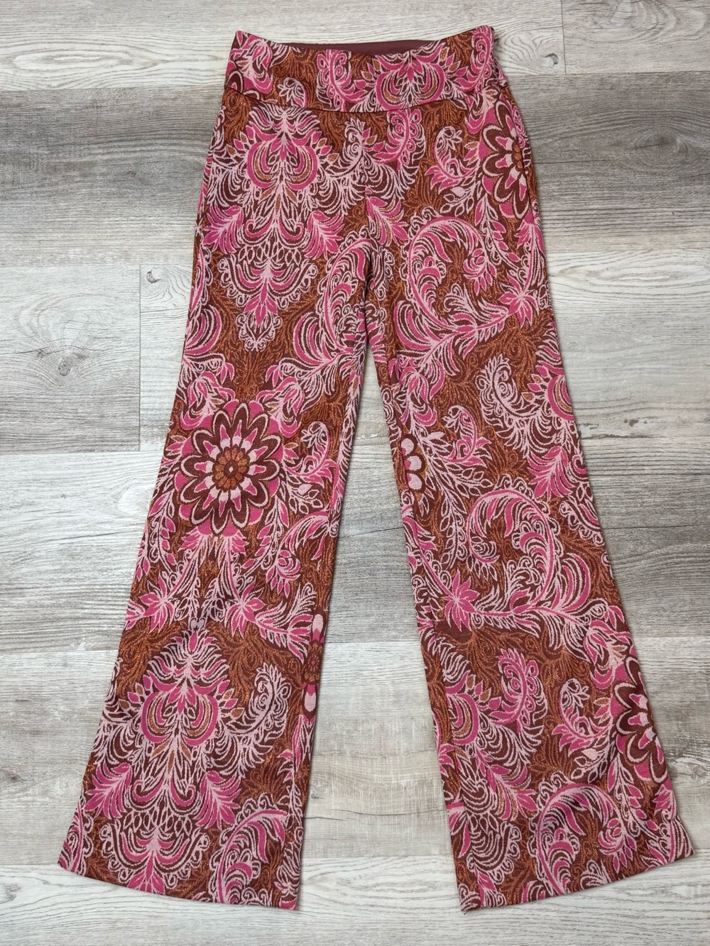 Maeve Anthropologie Maria Paisley Jacquard Flare Pants Size 4 Pink Brown Retro